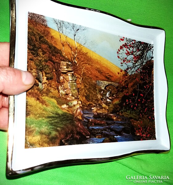 Meseszép Bieder aranyozott keretes antik porcelán tájkép falidísz 21 X 17 cm a képek szerin