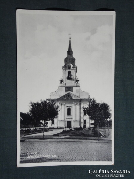 Képeslap,Gyula,Róm. kat templom látkép,részlet,Scheibert Lajos dohányáruda Gyula kiadás, 1930-