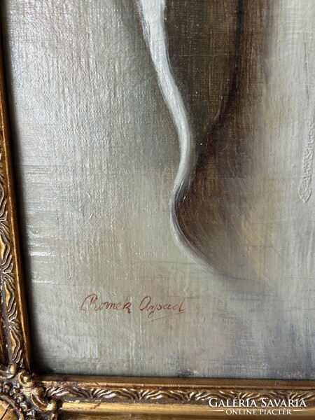 Romek Árpád Csendélet drapériával, porcelánokkal és virágokkal