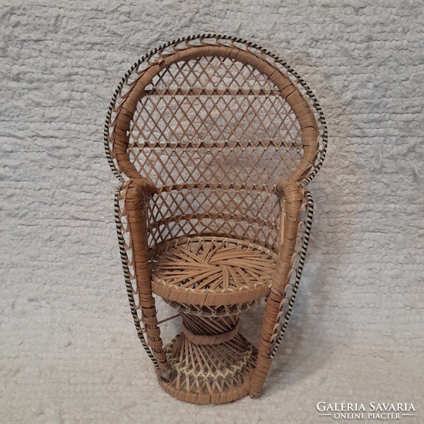 Retro rattan játékbaba szék,fotel.Pávaszék.32 cm.