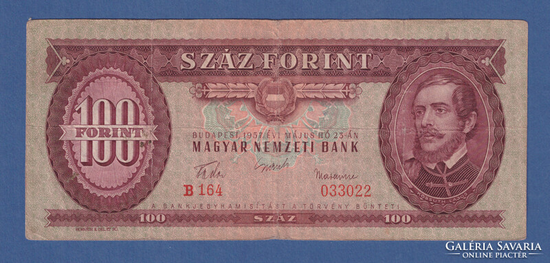 100 Forint 1957 Az első Kádár címeres "Piros százas"