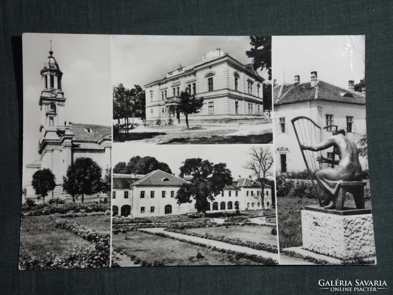 Képeslap, Kapuvár,mozaik,templom,Hárfázó nő szobor,Esterházy-kastély, látkép,részlet, 1971-