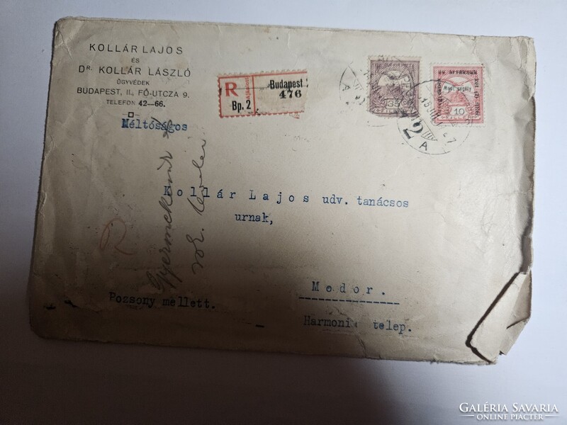 1915-ös 35  fillér+10 fillér hadisegély bélyeg ajánlott levélen Budapest