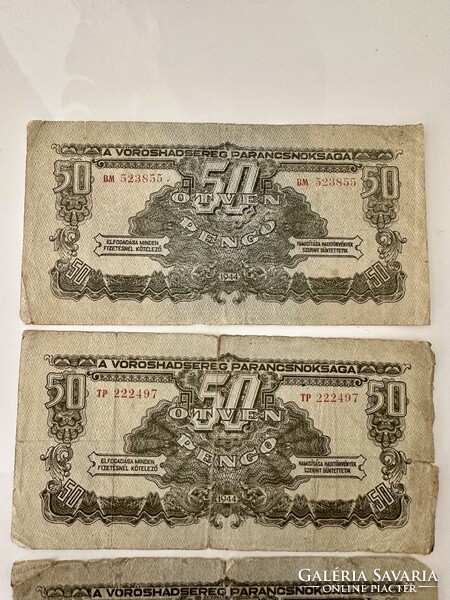 3 db Ötven pengő 50 pengő 1944 A Vöröshadsereg Parancsnoksága