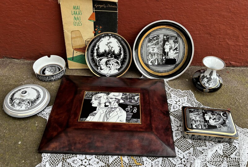 Hollóházi porcelán Szász Endre Jurcsák László porcelánok váza hamutartó   midcentury bőr keretben
