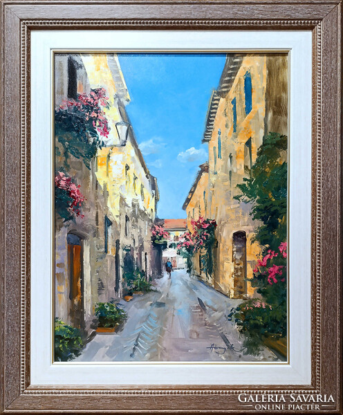 Hornyik Zoltán: Toszkán utca (Montepulciano) - kerettel 50x40 cm - alkotás 40x30cm - H25/251
