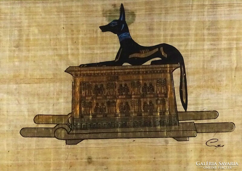 1U881 Anubisz - Keretezett egyiptomi papirusz kép 47.5 x 37 cm