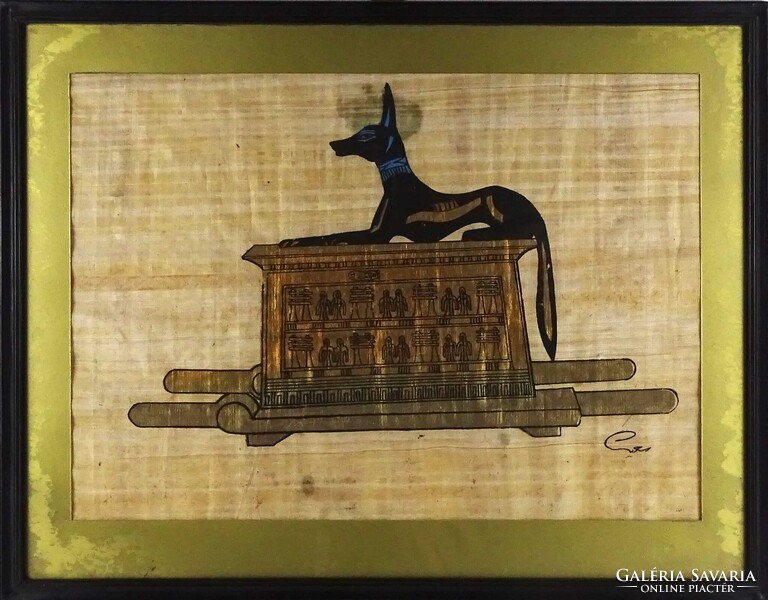 1U881 Anubisz - Keretezett egyiptomi papirusz kép 47.5 x 37 cm