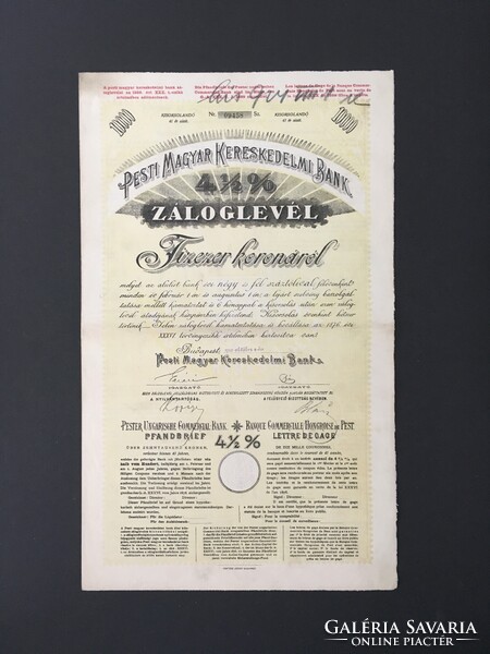 Pesti Magyar Kereskedelmi Bank Záloglevél 10 000 Korona 1910.
