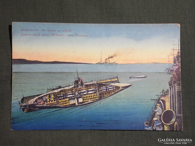 Képeslap,Osztrák Magyar Haditengerészet ,Unterseeboot,U-Boot tengeralattjáró,torpedó,csatahajó,1915-