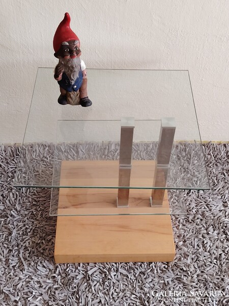 Design üveg asztal króm tölgyfa kerekekkel ALKUDHATÓ