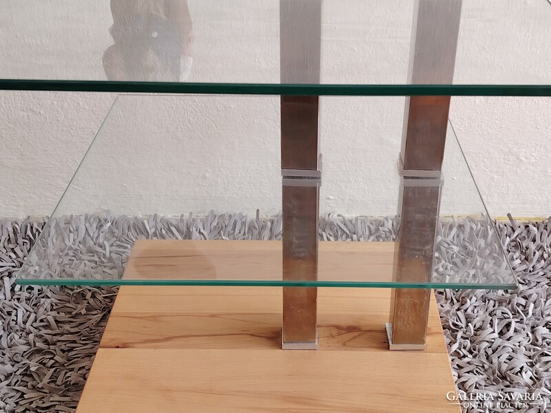 Design üveg asztal króm tölgyfa kerekekkel ALKUDHATÓ