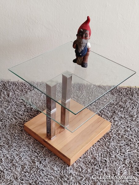 Design üveg asztal króm tölgyfa kerekekkel ALKUDHATÓ