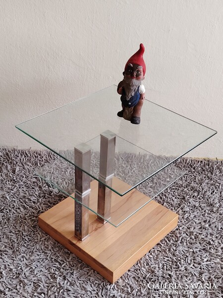 Design üveg asztal króm tölgyfa kerekekkel ALKUDHATÓ