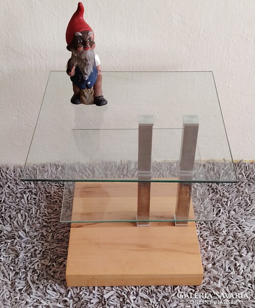 Design üveg asztal króm tölgyfa kerekekkel ALKUDHATÓ