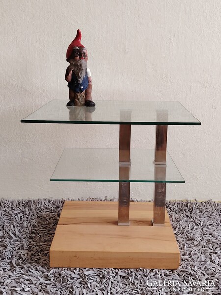 Design üveg asztal króm tölgyfa kerekekkel ALKUDHATÓ