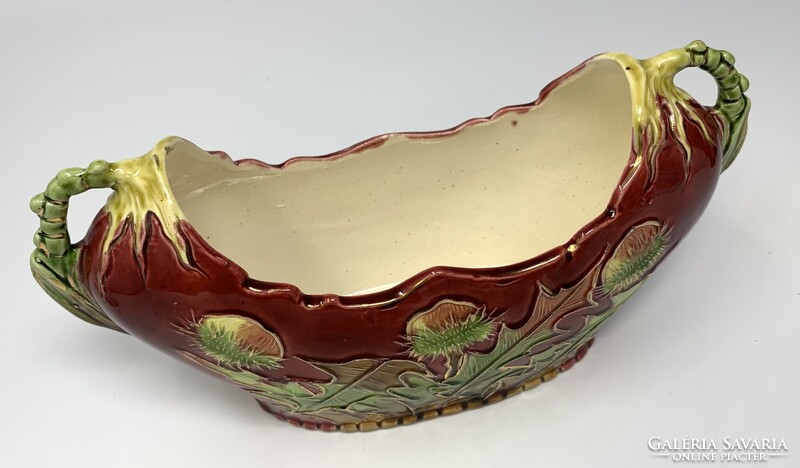 Antik J. Strnact osztrák szecessziós majolika asztalközép, tál szelídgesztenye motívummal RZ