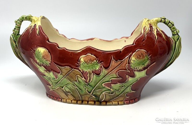 Antik J. Strnact osztrák szecessziós majolika asztalközép, tál szelídgesztenye motívummal RZ