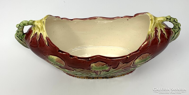 Antik J. Strnact osztrák szecessziós majolika asztalközép, tál szelídgesztenye motívummal RZ