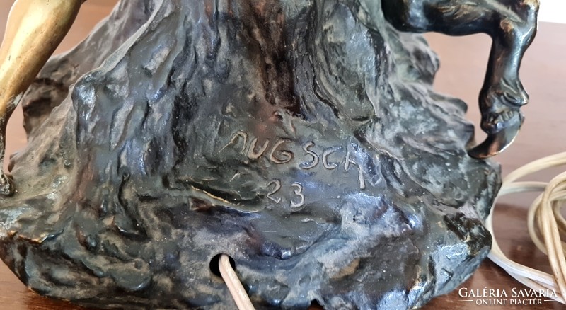 Maugsch Gyula - "Faun és Nimfa egy odvas fa körül" -unikális, hatalmas antik bronz -réz szobor/lámpa