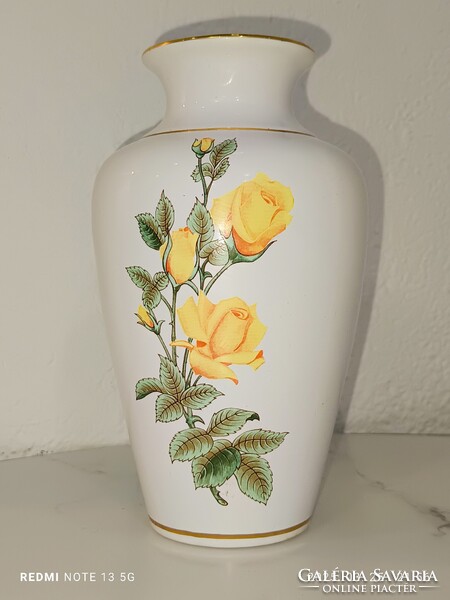 AKCIÓS – Vajda Kerámia váza sárga rózsákkal – gyönyörű kézzel festett magyar porcelán!