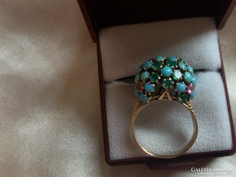 Csodálatos rubin-smaragd türkiz gyűrű 585 arany