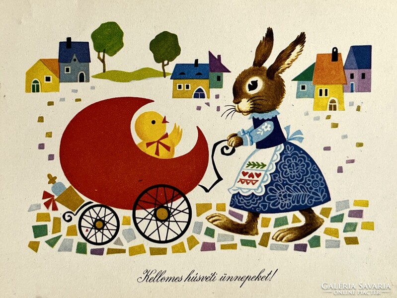 2db régi, retro grafikus, rajzos, nyuszis húsvéti képeslap - grafika: Boór Vera, Demjén Zsuzsa