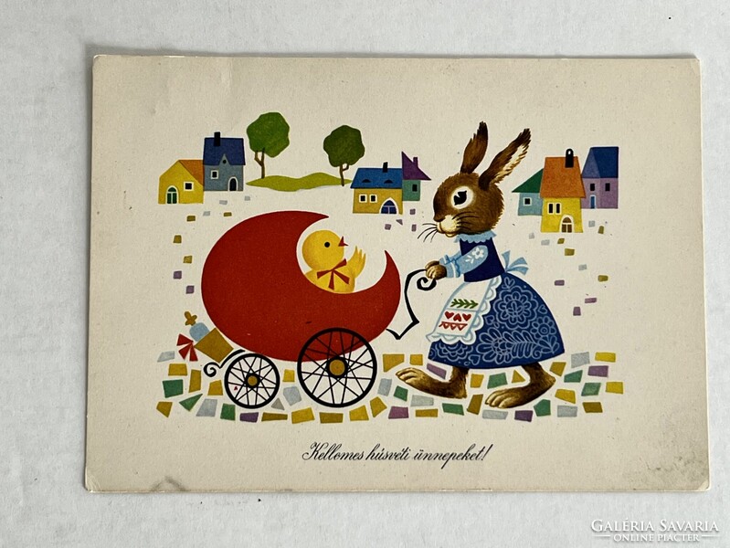 2db régi, retro grafikus, rajzos, nyuszis húsvéti képeslap - grafika: Boór Vera, Demjén Zsuzsa