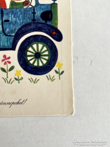 2db régi, retro grafikus, rajzos, nyuszis húsvéti képeslap - grafika: Boór Vera, Demjén Zsuzsa
