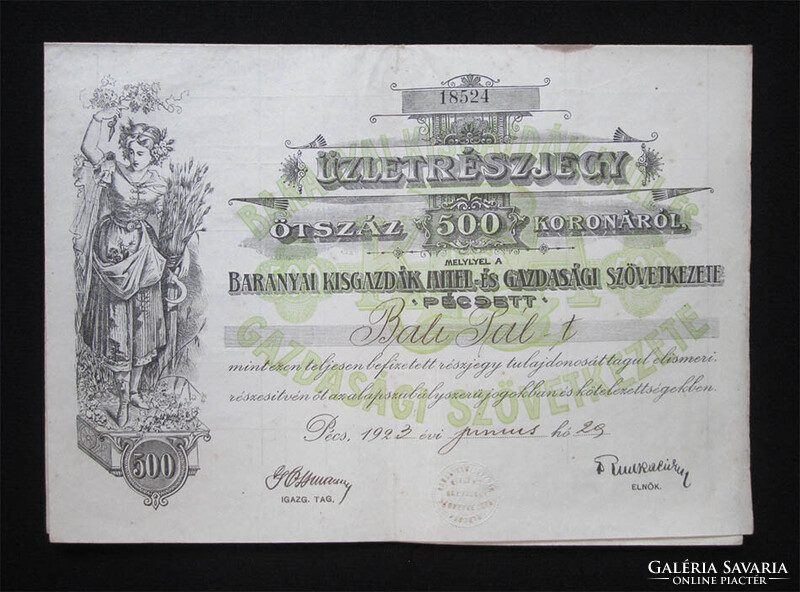 Baranyai Kisgazdák Hitel- és Gazdasági Szövetkezete üzletrész 500 korona 1923 - Pécs