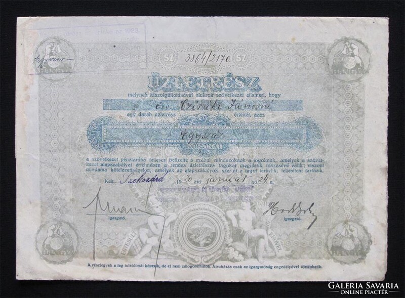 Hangya Szövetkezet üzletrész 100 korona 1920 - Szekszárd