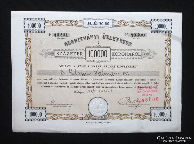 KÉVE Ruházati Áruház Szövetkezet alapítványi üzletrész 100000 korona 1924