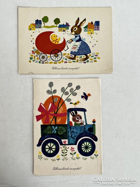 2db régi, retro grafikus, rajzos, nyuszis húsvéti képeslap - grafika: Boór Vera, Demjén Zsuzsa