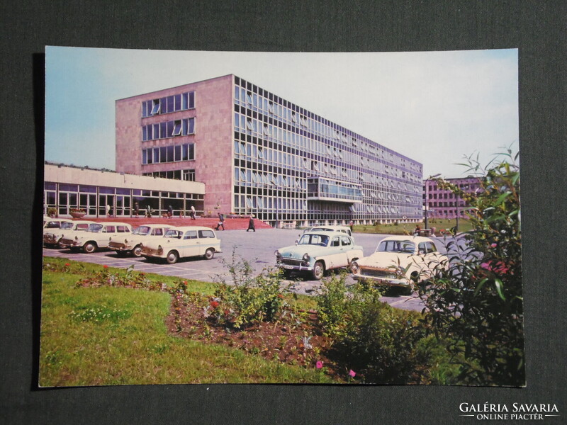 Képeslap,Miskolc,Egyetem,parkoló,Wartburg,Skoda,Trabant autó látkép,részlet, 1977-