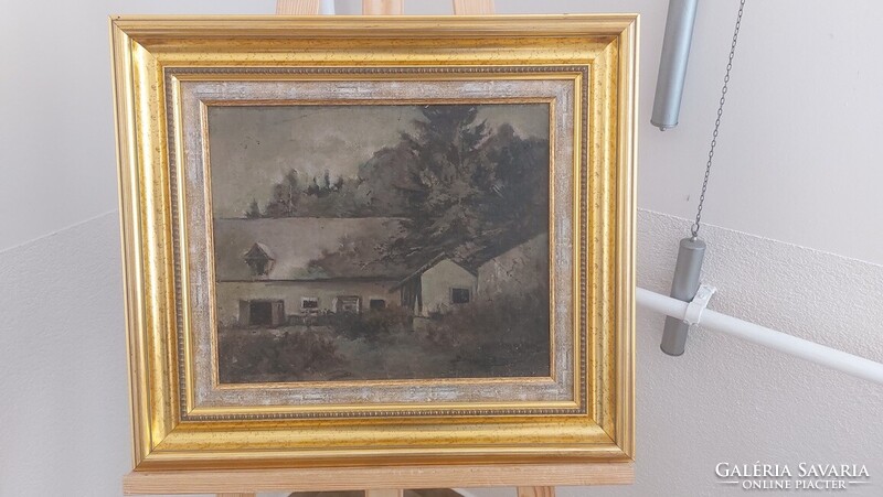 (K) Régi kis ház festmény (Benczúr Ida?)    50x45 cm kerettel