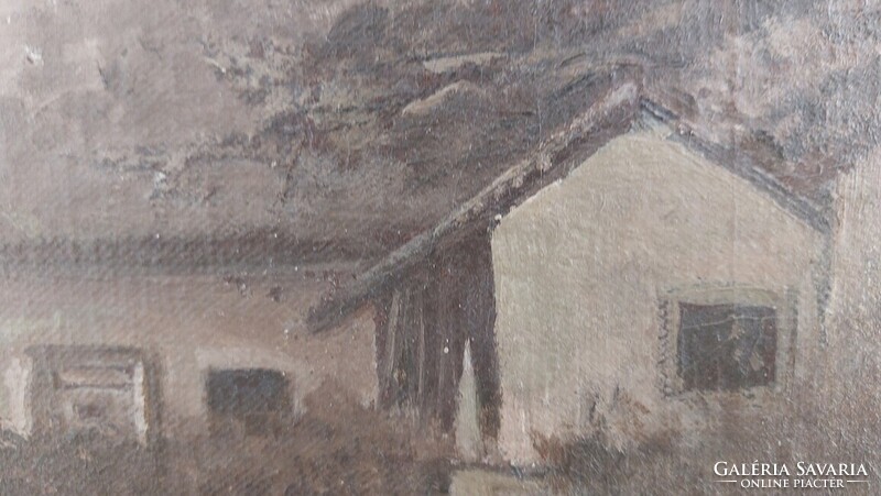 (K) Régi kis ház festmény (Benczúr Ida?)    50x45 cm kerettel