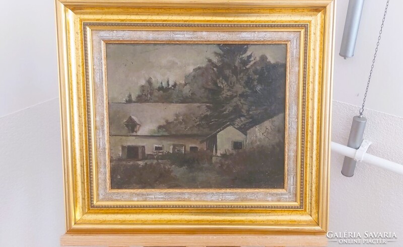 (K) Régi kis ház festmény (Benczúr Ida?)    50x45 cm kerettel