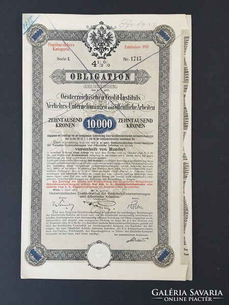 Ausztria Osztrák Közlekedési Vállalkozások és Közmunkák Hitelintézete Kötvény 10000 Korona 1912.