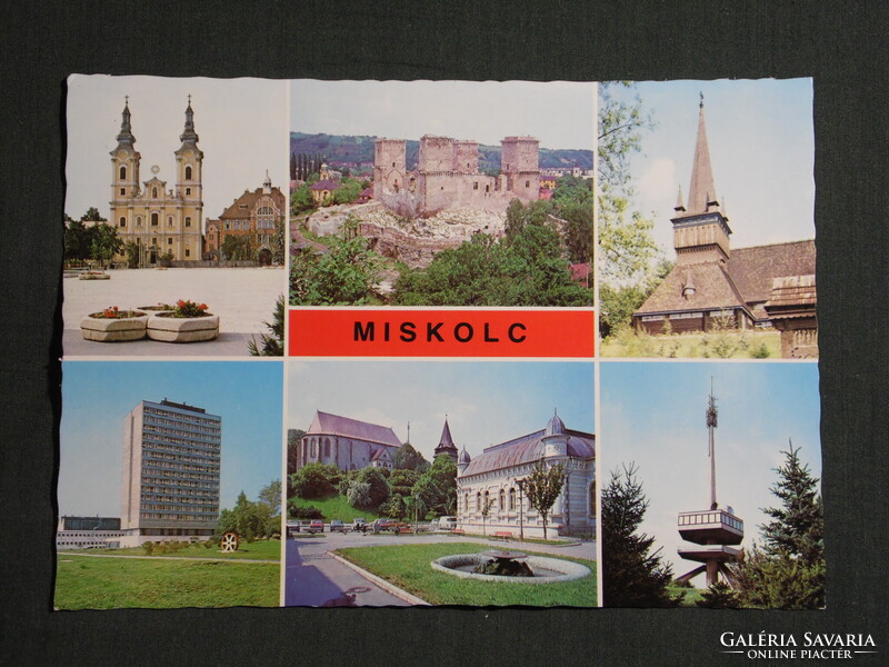 Képeslap,Miskolc,mozaik,Avasi templom,Tv torony kilátó,Diósgyőr vár,egyetem látkép,részlet,1983-