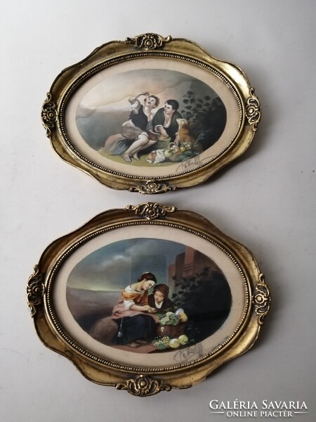 2 DB ANTIK SELYEMKÉP OVÁLIS KERETBEN