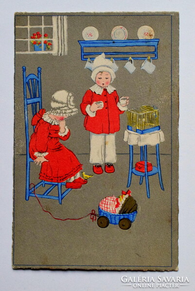 Régi grafikus képeslap  -  gyerekek játékokkal