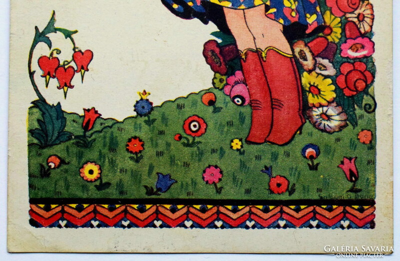 Régi grafikus üdvözlő  képeslap  -  kislány virággal
