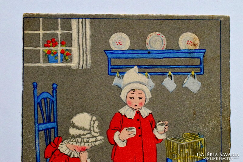 Régi grafikus képeslap  -  gyerekek játékokkal