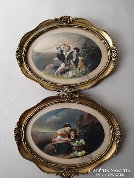 2 DB ANTIK SELYEMKÉP OVÁLIS KERETBEN