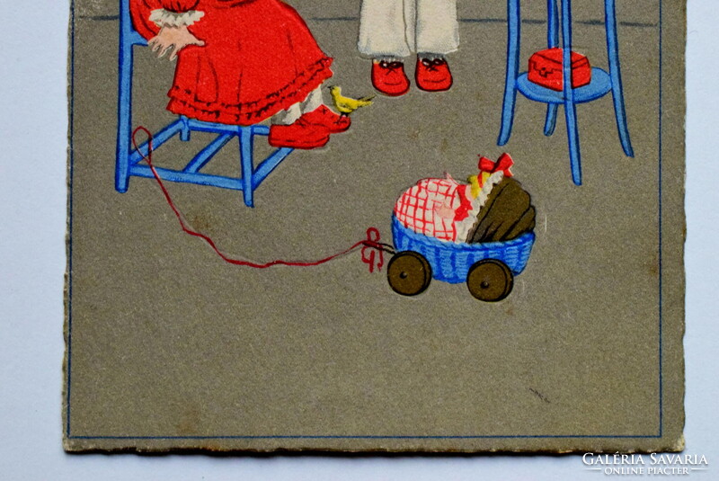 Régi grafikus képeslap  -  gyerekek játékokkal