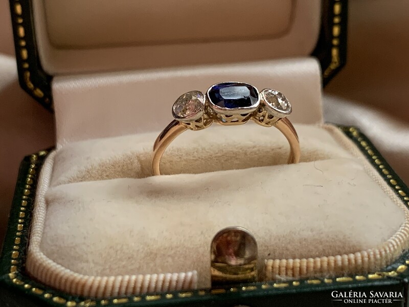 Antik arany gyűrű 0.40 ct gyémántokkal zafírral. Igazolással