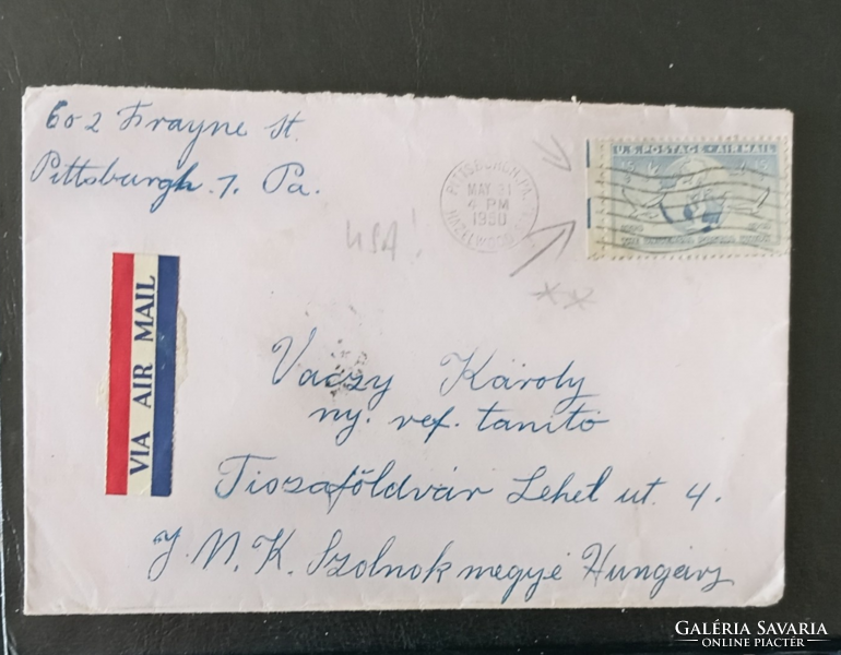 USA-Levél  Tiszaföldvárra, Budapesten keresztül (1950), érdekes/Ritka bélyeg-fogazással