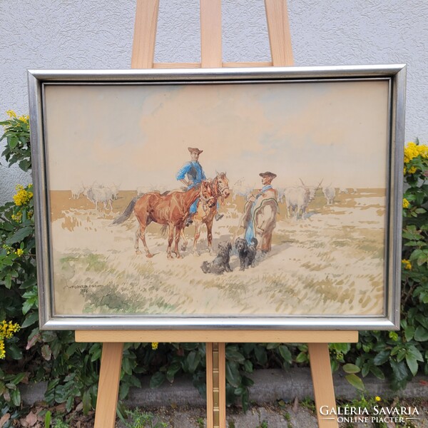 Wallburg Egon /Zorád Ernő/ (1911 - 2004) - Két Gulyás Találkozása Akvarell Kép!!!