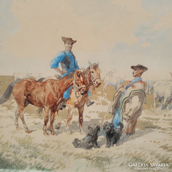 Wallburg Egon /Zorád Ernő/ (1911 - 2004) - Két Gulyás Találkozása Akvarell Kép!!!