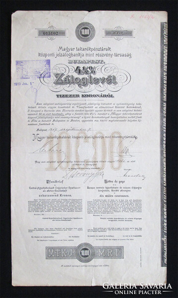 Magyar Takarékpénztárak Központi Jelzálogbankja záloglevél 10000 korona 1917